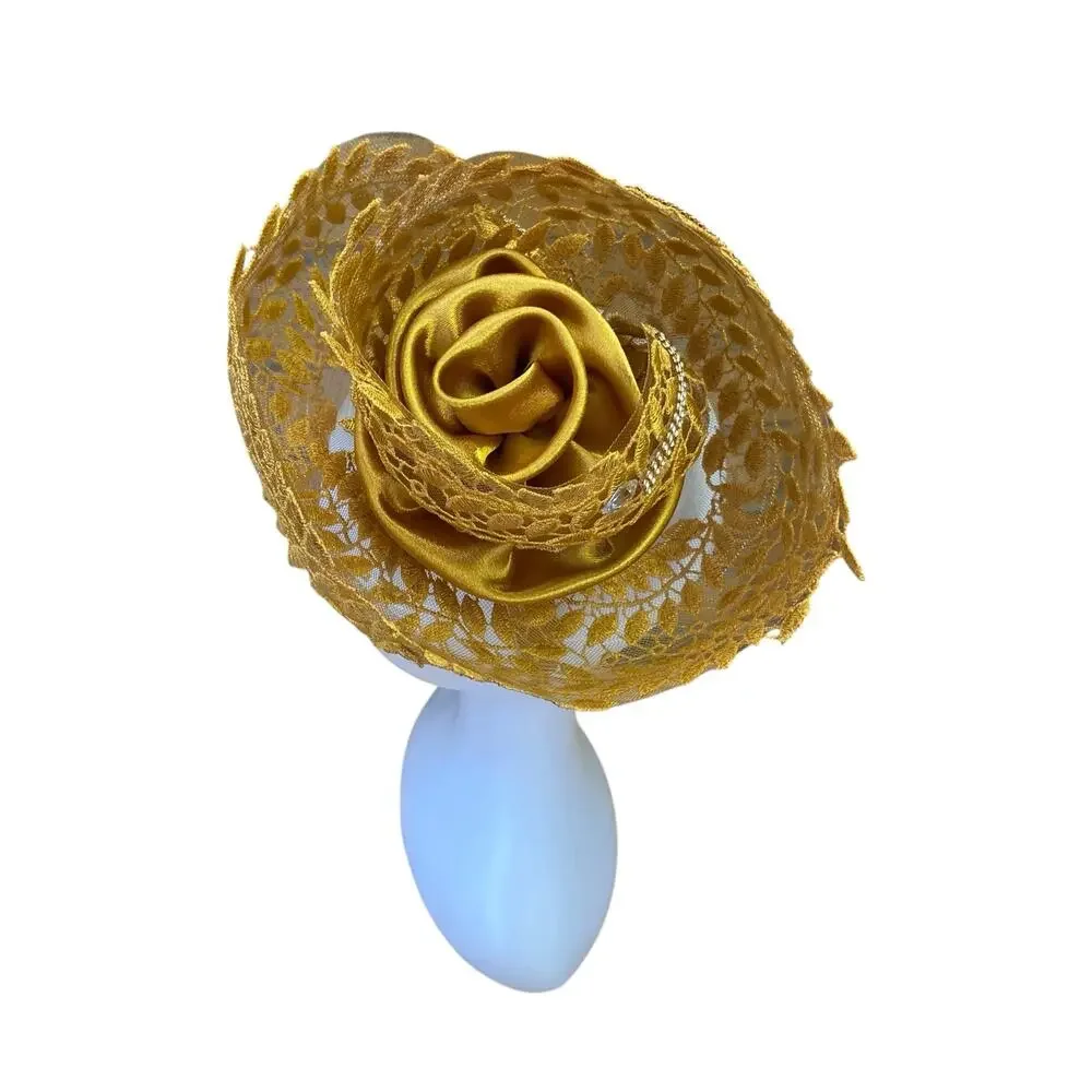 Y2K Gold Fascinator Headband – Rhinestone Leaf Appliqué w/ Satin Rose - Picture 5 of 8